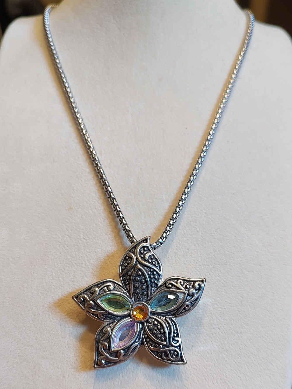 Multi-Color Crystal Flower Pendant And Brooch With 18" Stainless Steel Chain
